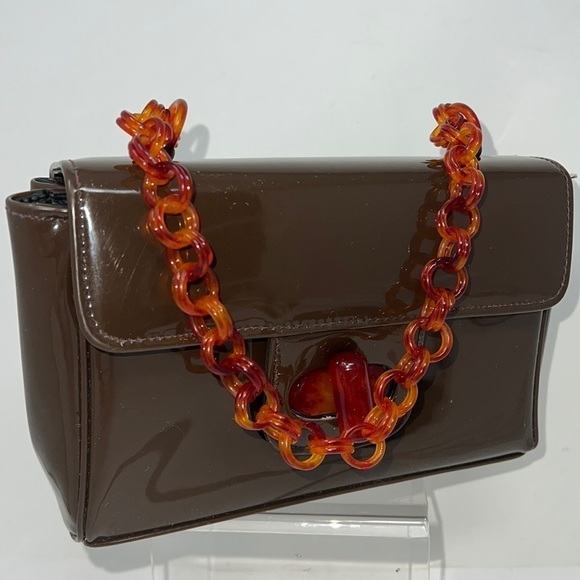 Vintage Brown Structured Patent Bag with Bakelite Chain Strap and Closure - Picture 1 of 12